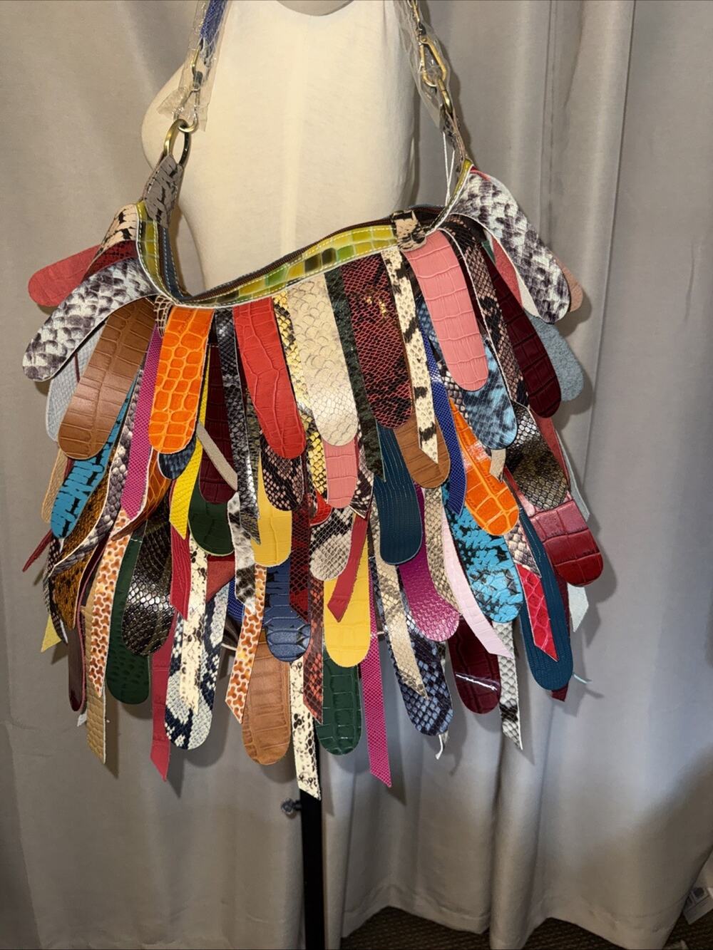 Large Leather Boho Handbag Multicolored/Patterned Fringe 4 Inner Pockets